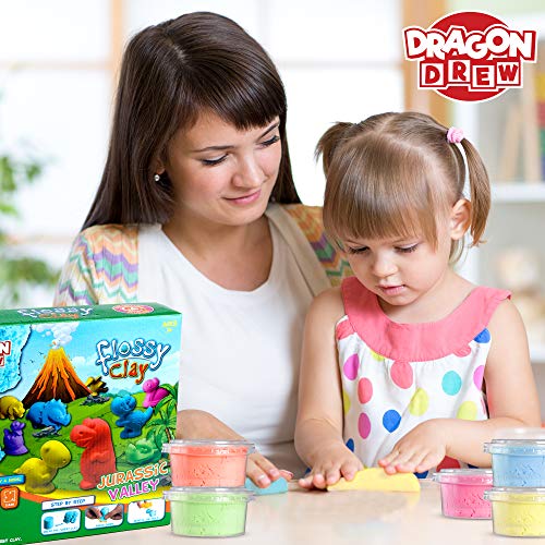 Dragon Drew Kinetic Modeling Clay Sand - 17 Piece Flossy Play Dough Set – 10 Jurassic Dinosaur Plastic Molds - 6 Colors - Reusable, Moldable, Stretchy, Non Sticky, Non Drying, Silky Smooth