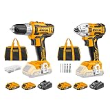INGCO 20V Kit Inalámbrico 45NM Taladro Atornillador y Destornillador de impacto con 4x 2.0Ah Bateria CDLI2002+CIRLI2002