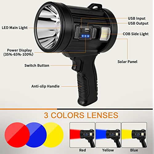 Lemihui Rechargeable Spotlight, 150000 Lumens Super Bright Led Handheld Spot Lights With Cob Light, 6 Modes And Solar Panels, 9600Mah Spotlight Flashlight For Camping Hunting #TOP4