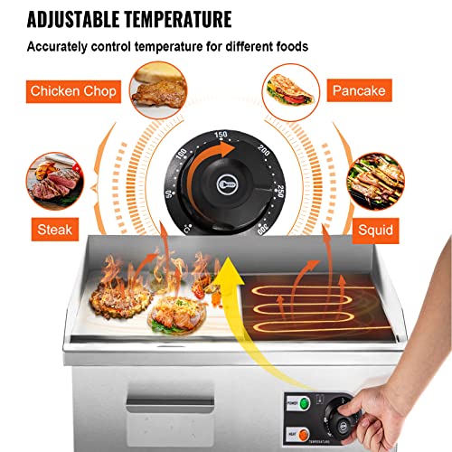 VEVOR Electric Countertop Griddle, 14-Inch, 1500W Grill with Adjustable Temperature Control 122°F-572°F, Non-Stick Commercial Restaurant Grill, 110V Stainless Steel Flat Top Grill - Image 5