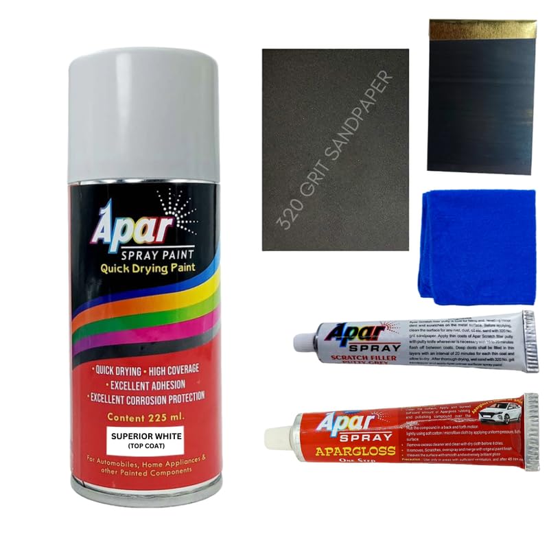 APARSPRAY Spray Paint Compatible for Maruti Cars -225 ml (Pack of 6-Pcs), Superior White (RC Colour Name)+ Putty Tube+Knife+EP-320, Polish Tube+MF Cloth,