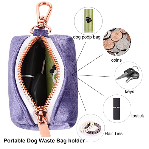 Image of ARING PET Dog Waste Bag Dispenser, Velvet Doggy Poop Bags Holders Attach to Any Leashes, Purple Portable Washable Pet Waste Pouch Dispenser with Metal Zipper