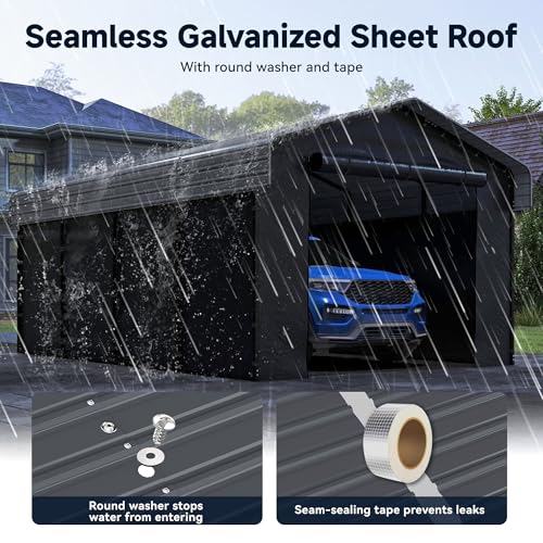 Image of Heavy Duty Metal Carport, 12x20FT Outdoor Carport Canopy with Galvanized Steel Roof and Reinforced Base,Removable Sidewalls & Door, Garage Shelter Shade for Cars,Trucks, Boats, Gray