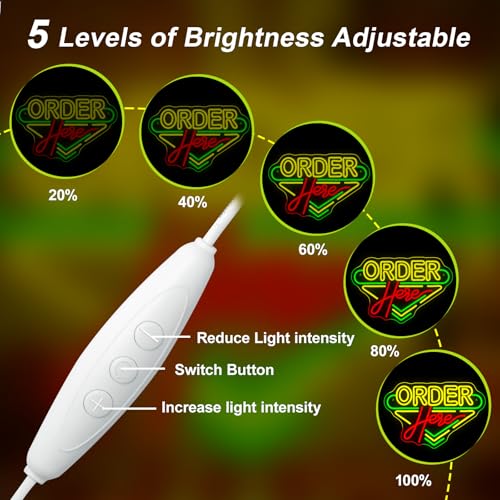 Image of Order Here Neon Sign Coffee Store Colorful Wall Light for Restaurant Decor | 16.1IN*10.6IN,Five level brightness adjustment,USB powered,For Coffee Kitchen Corner Club Window Decor,Party Gifts