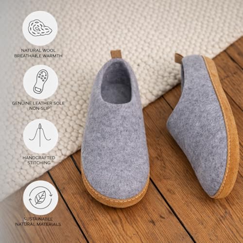Image of Wool Indoor Slippers - Natural Organic Wool, Genuine Leather Sole, Handmade in Nepal - Cozy, Warm, Soft, Unisex Non-Slip House Shoes for Men & Women - Perfect for Winter Comfort