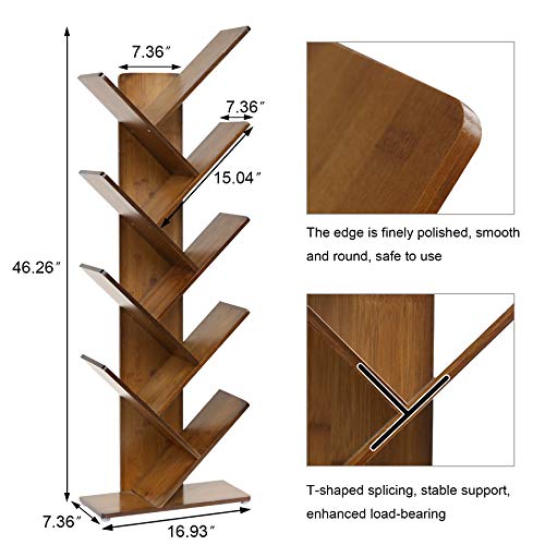 C&Ahome 9-Shelf Tree Bookshelf, Bamboo Bookcase, Book Rack, Storage Shelf Rack In Living Room, Free-Standing Books Holder Organizer, Space Saver For Home, Office Retro Brown #TOP4