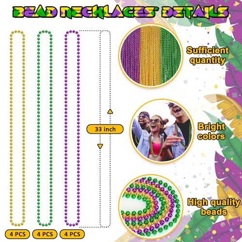 Image of EOBOH 12PCS Mardi Gras Beads, Green Purple Gold Mardi Gras Metallic Costumes Necklaces Bulk, Mardi Gras Beads Necklace Costumes Accessory Sets for Parade Throws Party Decorations Favor Supplies
