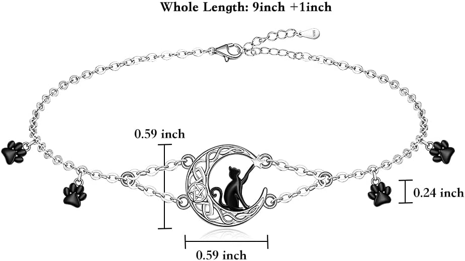 Fenthring Cat Anklets S925 Sterling Silver Ankle Bracelets for Women Celtic Moon Black Cat Paw Print Anklet Bracelet for Cat Lovers Cute Animal Pet Beach Boho Foot Chain Jewelry Summer Gifts