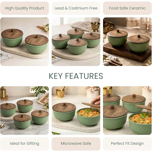 Image of The Earth Store Ceramic Bowl Set of 2 with Lid (550ML Each) Green Fringe Design | Microwave Safe Bowl Set | Multipurpose Snack Bowl for Serving, Storage, Office & Home