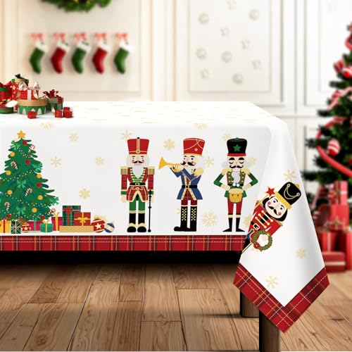 Arquiel Christmas Nutcracker Tree Tablecloth Waterproof, Red Table Cloth Rectangle Stain Resistant