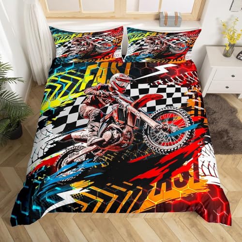 RZPFQB Moto Cross Housse de Couette pour Chambre d'enfant 1 Personne 90 x 190 cm Extrême Sports Parure de Lit en Microfibre pour Enfant GarçOn Fille Ado...