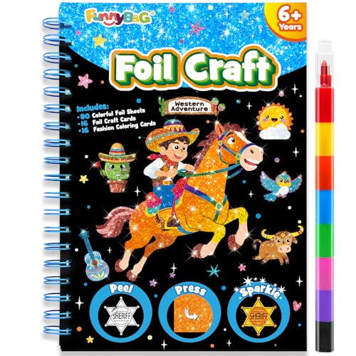Image of FUNNYB&G Foil Art Craft Kit for Kids 4-10 Years Old: Mess-Free & No-Glue, Create 16 Western Adventure Pictures - Perfect Travel Toy & Birthday Gift for Kids (Western Adventure)