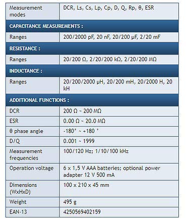 Peaktech P2170 LCR Meter detailed specifications table