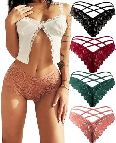 Kingfung Sexy Cheeky Panties for Women Lace Criss Cross Bikini Underwear 1-4 Pack (4Pack-A M)