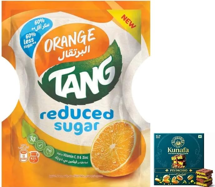 Tang Orange Reduced Sugar Drink Powder, 60% Less Sugar, High in Vitamin C, D & Zinc, Makes 1.1L 300g with Free Flavourito Kunafa Pistachio Chocolate Bar, 20g By Decadent Foods-image-35