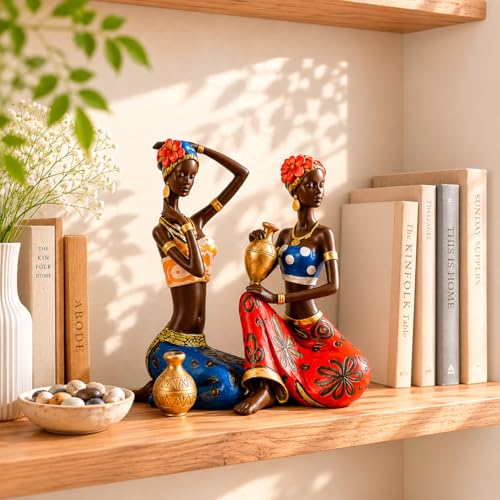 Image of Amazon Basics Vibrant Tribal Lady Figurine Set for Home & Office Decor | Artistic Cultural Sculpture Showpieces for Living Room, Shelf, Console & Study Table Styling (Multicolor, 23 cm)