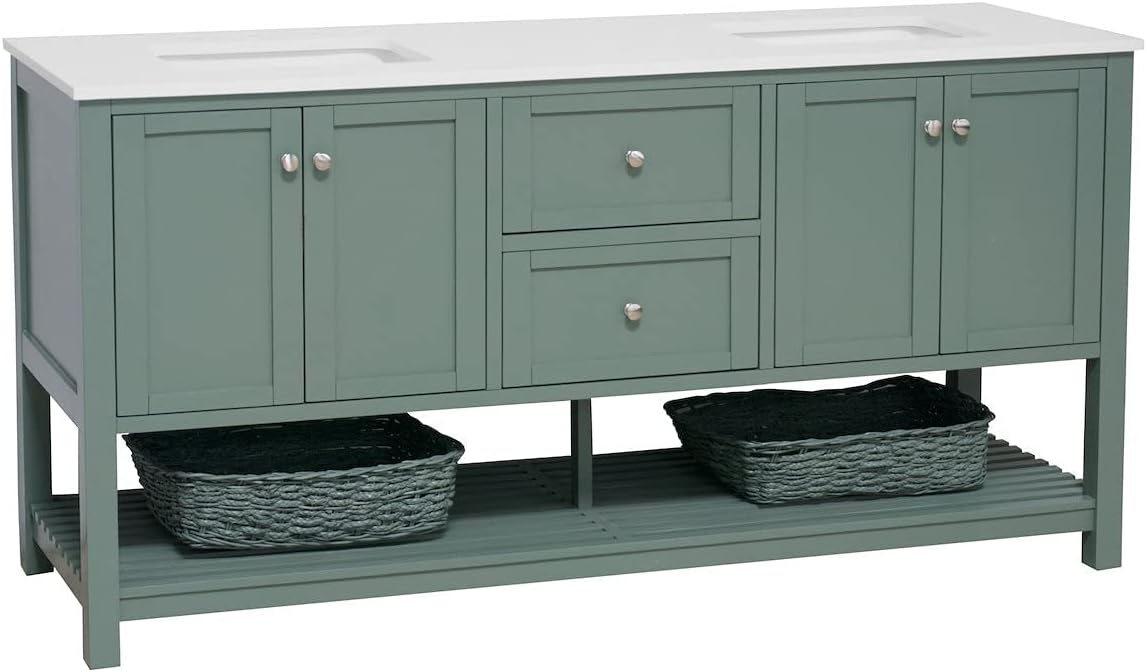 Lakeshore 72-inch Double Bathroom Vanity: Engineered White/Sage Green Cabinet with White Ceramic Sinks