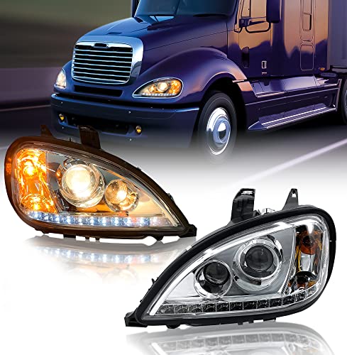 Torque Headlight PAIR Replacement for 1996-2017 Freightliner Columbia Semi Trucks with LED Stripe Crystal Projector Lens DOT SAE Approved Driver Passenger SIde [Included All Bulbs] (TR027-L TR027-R)