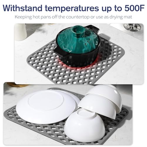 Snuggery 2PCS Silicone Sink Protector 12\"x14\" Rear Drain Hole, Heat Resistant Non-slip Dishwasher Suitable, Large Mat for Bottom of Farmhouse Kitchen Stainless Steel Sink