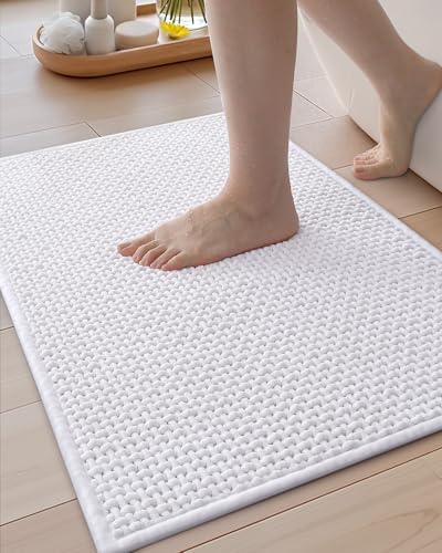 Color&Geometry Chenille Pile Bathroom Rugs Upgraded Denser 17x29.5 Non Slip Absorbent White Bath Mats for Bathroom Thin Fit Under Door Washable Quick Dry Standard Sized