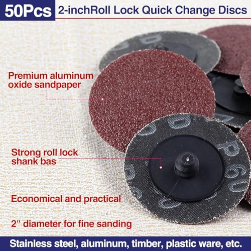 SPEEDWOX 50Pcs 2" 60 Grit Roll Lock Quick Change Discs Aluminum Oxide Coated Die Grinder Accessories Aluminum Oxide Sandpaper Disc Roll Lock Sanding Discs Quick-Change Sanding Discs - Image 4