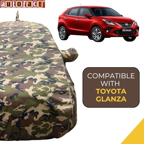 Image of Glanza Waterproof Car Cover with Mirror & Antenna Pockets, Jungle Print Army Design, 4x4 American Matty,Triple Stitched, Compatible with Toyota Glanza Car Cover (2022 to 2024), Car Accessories