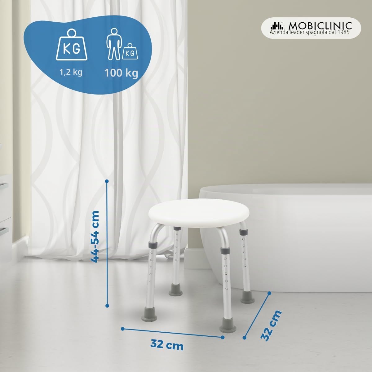 Mobiclinic®, Sgabello da Doccia, Da Bagno, Alluminio e PVC, Altezza Regolabile, Faro, Piedini Antiscivolo, Leggero, fino a 100 kg, per Persone Anziane, Mobilità Ridotta
