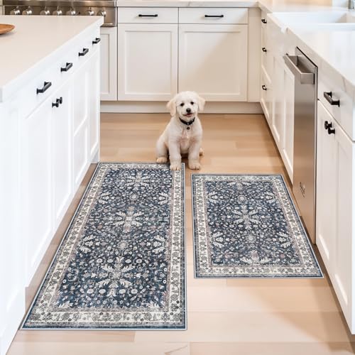 BYYVOO Kitchen Mats Set of 2 Washable Non-Slip – Soft Low Pile Boho Decorative Runner Rugs for Kitchen Floor, Sink & Stove, Kitchen Decor (Blue, 2x3+2x4)
