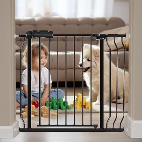 HOOOEN Wide Baby Gate for Stairs Doorways 30" Tall 34 to 38.5 Inch Wide Pressure Mounted Baby Gate Walk Through Child Gates for Kids or Pets Indoor Safety Gates Cover