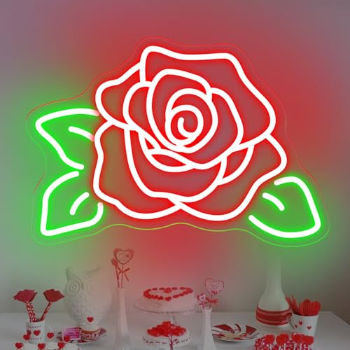 Image of Rose Flower Neon Light Signs for Wall Flower Shop Window, Room, Cafe Art Decorative Lady Gift Wedding Bachelorette Party Bridal Banquet Background Decor Sign, 15.7 inchx10.8 inch, Red