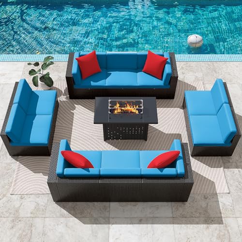 Image of Greesum Patio Furniture Sets 11-Pieces Outdoor PE Rattan Sectional Sofa w /43in Gas Fire Pit Table 55000 BTU Add Warmth to Gatherings Parties On Deck Garden Backyard,Blue