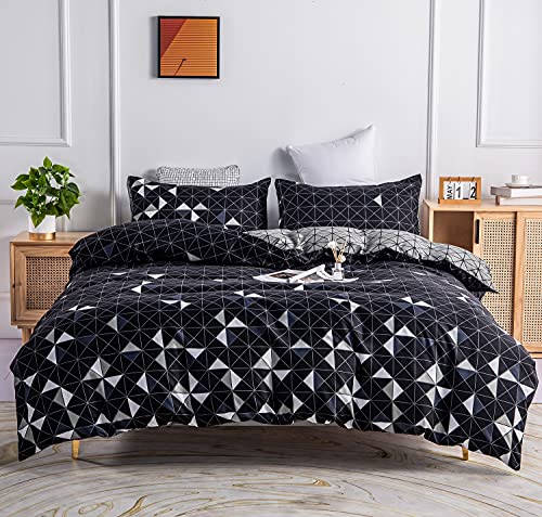 DXHOME Juego de ropa de cama de 200 x 220 cm, diseño de triángulos en blanco y negro, juego de ropa de cama reversible a cuadros, funda nórdica de microfibra geométrica para cama doble con cremallera