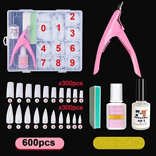 Fake Nail Kit Acrylic Nails - 600 PCS Coffin Nail Tips Natural Half Cover False Nails with Nail Glue 1PCS Debonder 2PC Nail File With Case