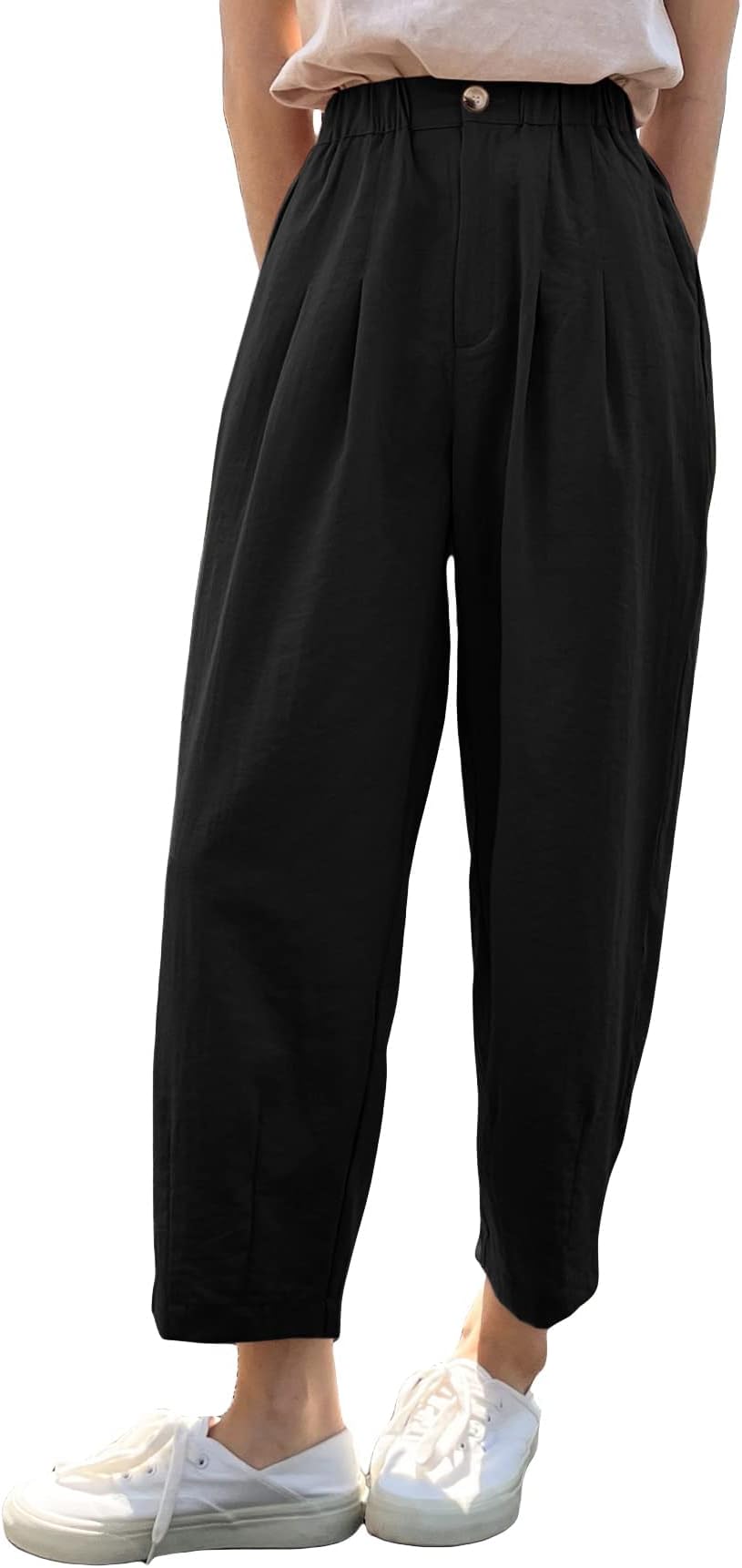 Milumia Women's Casual High Waist Tapered Pants Pleated Cropped Trousers with Pockets