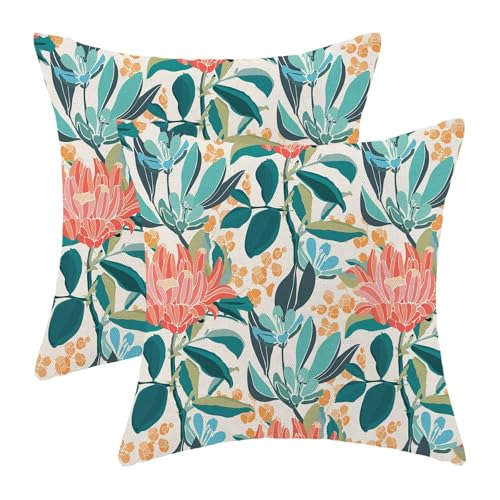 ZHOUYETAK Coral Floral Pillow Covers 18x18 Inch Set of 2, Turquoise Orange Flower...