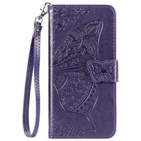 Lozeguyc for T-Mobile Revvl 7 Pro 5G Case Wallet PU Leather Credit Card Holder Full Body Cute Butterfly Design with Wrist Strap Soft TPU Bumper Full Body Protective Phone Case for Girls Women Purple Cover
