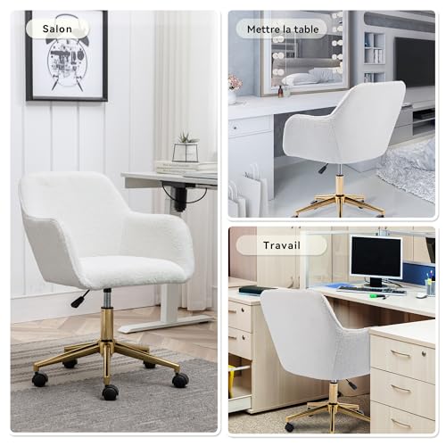 Image of FOXHUNTER Vanity Chair with Wheels 360 Swivel, Teddy, White | Home Office Desk Chairs,Adjustable Height Accent Chair for Living Room,Bedroom