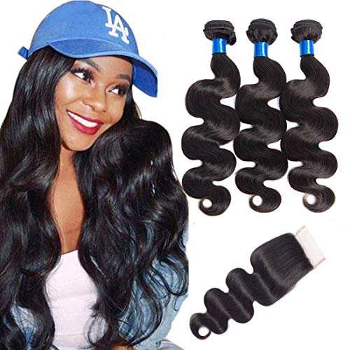 CRANBERRY Hair Brazilian Virgin Hair 3 bundles With Closure Body Wave Free Part 100% Unprocessed Human Hair Bundles Weave Weft with Lace Closure Natural Color (10 12 14+8 closure, Free Part)