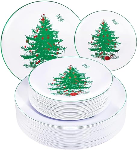 Rubtlamp 60PCS Christmas Plastic Plates, White Disposable Plates with Green christmas Tree, Fancy christmas Party Plastic Plate Include 30 Dinner Platos, 30 Dessert Platos for Parties