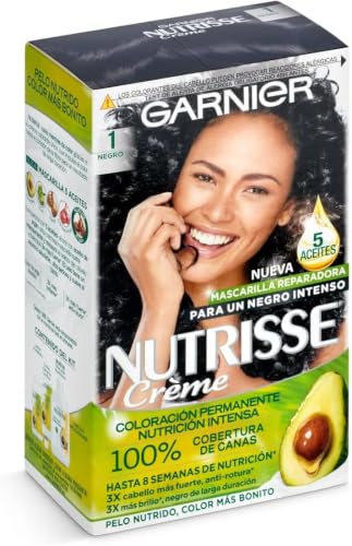 Garnier Nutrisse Creme Coloración Permanente, Tono 1 Negro | Con 4 Aceites Naturales de Aguacate, Oliva, Karité y Arándano, 100% Cobertura de Canas, Hasta 8 Semanas, Nutrisse