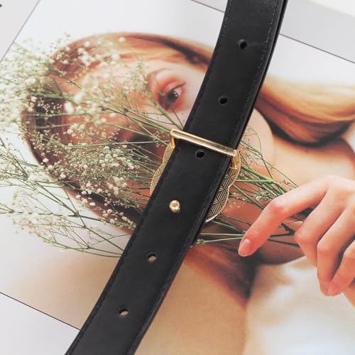 Image of Women's Fashion Classic Metal Buckle Leather Belt with Jeans Dress