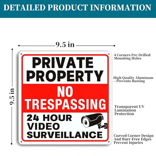 Image of 4 Pack No Trespassing Signs Private Property, Video Surveillance Sign | Reflective aluminum signs, which are weather - resistant and easy to install, are suitable for courtyards, gates and fences