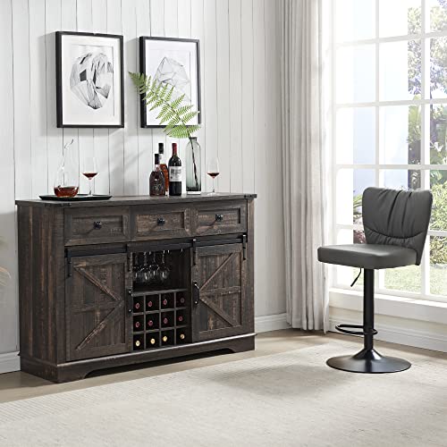 Okd Farmhouse Coffee Bar Cabinet, 54" Kitchen Buffet Sideboard W/Sliding Barn Door, Wine And Glass Rack, Drawers, Storage Shelves, Home Wine Bar Cabinet For Dining Room, Living Room (Dark Rustic Oak) #TOP2