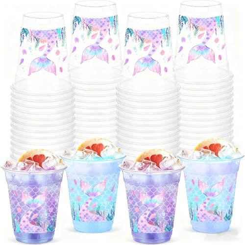 FYSUIMU 50 Pcs Summer Mermaid Plastic Cups 16oz Clear Drinking Cups Under The Sea Mermaid Tail Disposable Cup for Ocean Birthday Party Table Decor Supplies
