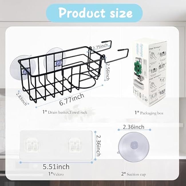 Sponge Holder with Dish Cloth Hanger for Kitchen Sink, In-sink Caddy Organizer with Suction Cups & Adhesive Strips, Rustproof Sponge Rack for Soap, Brush, Scrubber - Black