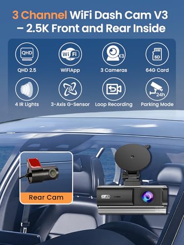 Image of 3 Channel Dash Cam Front and Rear Inside,2.5K+1080P+1080P Dash Camera for Cars,Free 64GB Card,Dashcam with WiFi,APP Control,Parking Monitor,Night Vision,Loop Recording