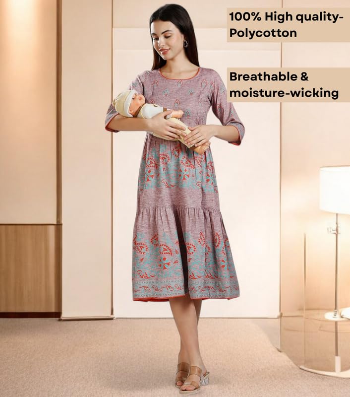 Image of DUMMY SHAPE Maternity Dresses for Women Cotton | Rayon Printed Feeding Anarkali Kurta with Dual Nursing Zipper Access During Pre & Post Pregnancy | Baby Shower Gifts for Mom to Be