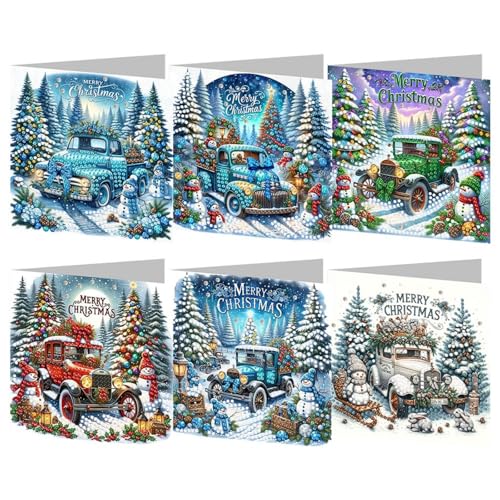BAYUNOE 6Pcs Christmas Greeting Card DIY Diamond Art Painting Greeting Cards Special Shaped Diamond Blessing Gift Folding Card Kit Arts Crafts for Birthday Thanksgiving Day-Christmas Retro Cars