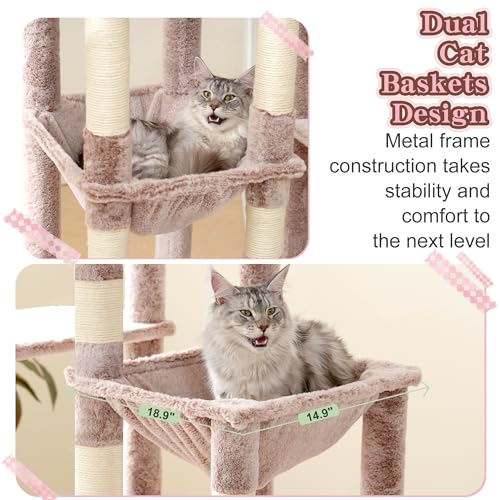 Image of Heybly Cat Tree, 71-Inch Tall Cat Tower for Large Maine Coon Cats with Extra-Large Baseboard, Cat Condo Furniture with Multi-Level Platforms, 2 Hammocks and 12 Scratching Posts, Muchroom HCT037MU