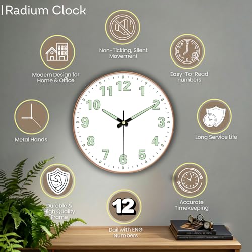 Image of WHISKET - 12 Inch | Radium Silent Sweep Clock| Decorative Analog Wall Clock | Glow in Dark Numbers| Silent Movement for Living Room & Office. (Radium White Round)